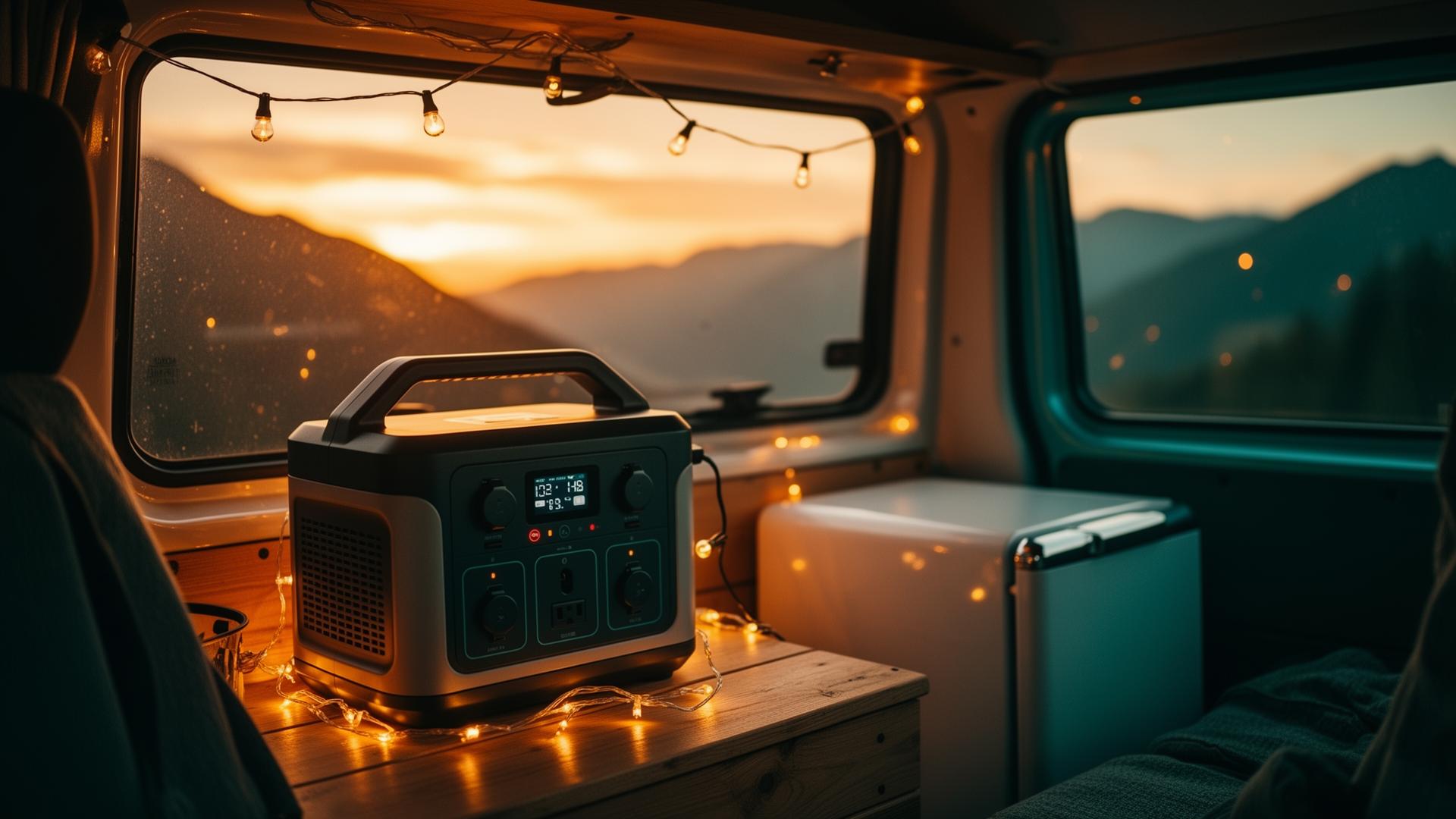 Portable power station lighting up a camper van at sunset